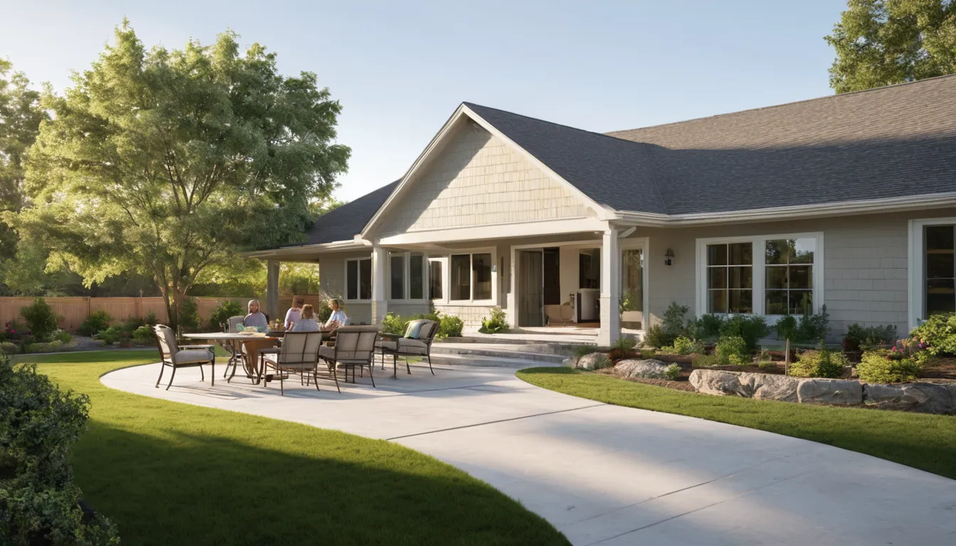 A freshly finished concrete patio behind a brick ranch home in Trussville